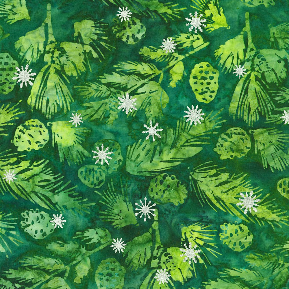 Artisan Batiks Evergreen Ice Sparkle Frosted Pinecones Spruce batik fabric featuring green pinecones and evergreen branches with silver metallic snowflakes on a rich spruce green hand-dyed background.