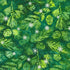 Artisan Batiks Evergreen Ice Sparkle Frosted Pinecones Spruce batik fabric featuring green pinecones and evergreen branches with silver metallic snowflakes on a rich spruce green hand-dyed background.