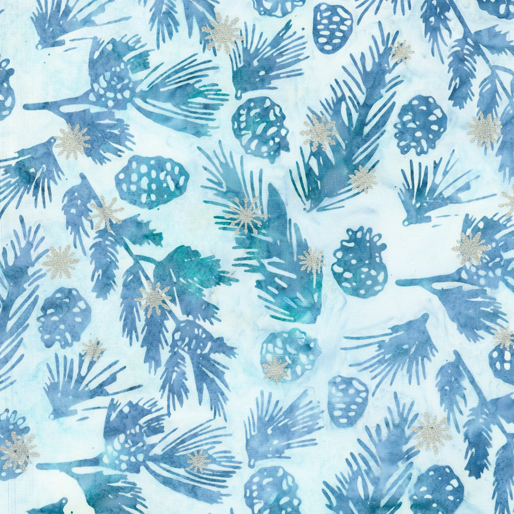 Artisan Batiks Evergreen Ice Sparkle Frosted Pinecones Powder premium cotton batik featuring pinecones, evergreen needles, and metallic silver snowflakes in shades of powder blue, icy blue, and soft aqua by Lunn Studios for Robert Kaufman.