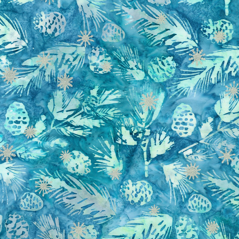 Artisan Batiks Evergreen Ice Sparkle Frosted Pinecones Dusty Blue premium cotton batik featuring pinecones, evergreen needles, and metallic silver snowflakes in shades of dusty blue, aqua, teal, and icy turquoise by Lunn Studios for Robert Kaufman.
