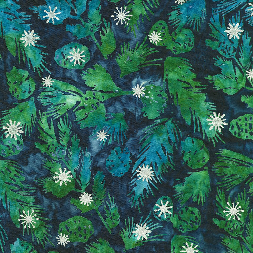 Artisan Batiks Evergreen Ice Sparkle Frosted Pinecones Midnight batik fabric featuring green pinecones and evergreen branches with silver metallic accents on a deep blue hand-dyed background.