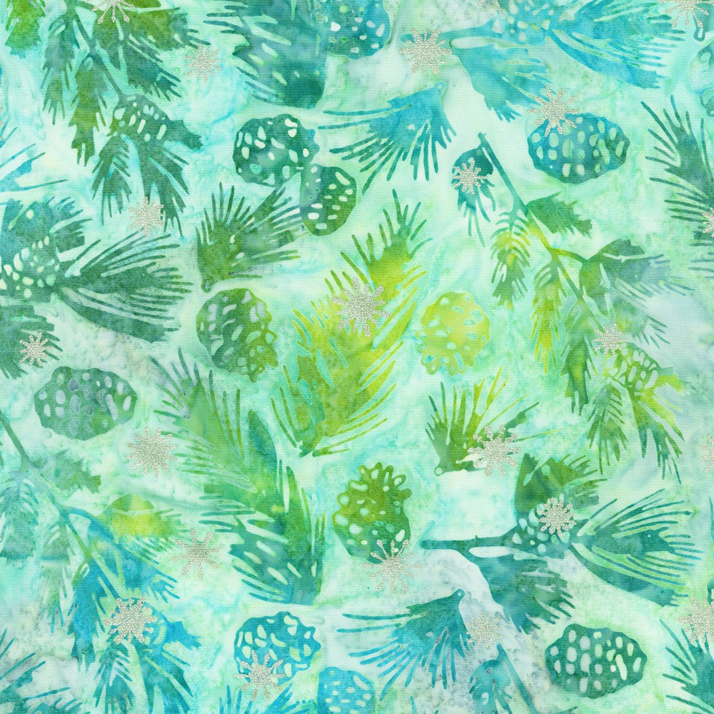 Artisan Batiks Evergreen Ice Sparkle Frosted Pinecones Turquoise batik fabric featuring green pinecones and evergreen branches with silver metallic accents on a turquoise and aqua hand-dyed background.