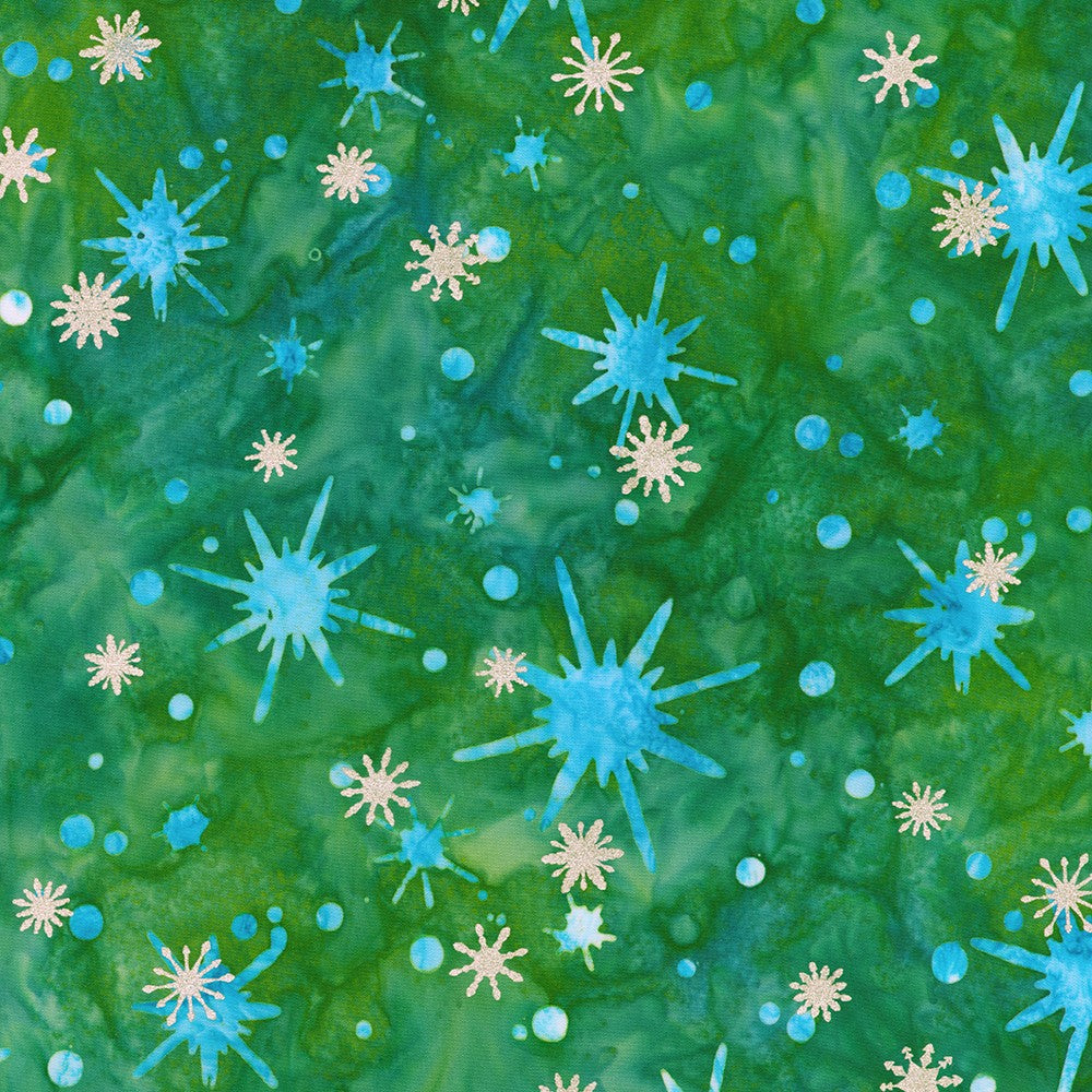 Artisan Batiks Evergreen Ice Sparkle Frosted Snowflakes Emerald batik fabric featuring metallic silver snowflakes and icy blue starbursts on a rich emerald green hand-dyed batik background.