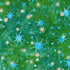 Artisan Batiks Evergreen Ice Sparkle Frosted Snowflakes Emerald batik fabric featuring metallic silver snowflakes and icy blue starbursts on a rich emerald green hand-dyed batik background.