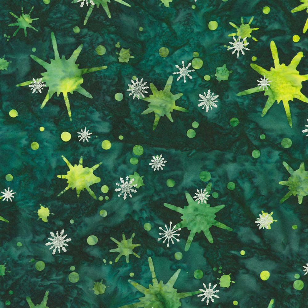 Artisan Batiks Evergreen Ice Sparkle Frosted Snowflakes Forest batik fabric featuring silver metallic snowflakes and green starbursts on a rich forest green hand-dyed batik background.