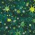 Artisan Batiks Evergreen Ice Sparkle Frosted Snowflakes Forest batik fabric featuring silver metallic snowflakes and green starbursts on a rich forest green hand-dyed batik background.