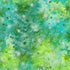 Artisan Batiks Evergreen Ice Sparkle Frosted Snowflakes Northern Lights batik fabric featuring silver metallic snowflakes and green starbursts on a turquoise, aqua, and lime green hand-dyed batik background.