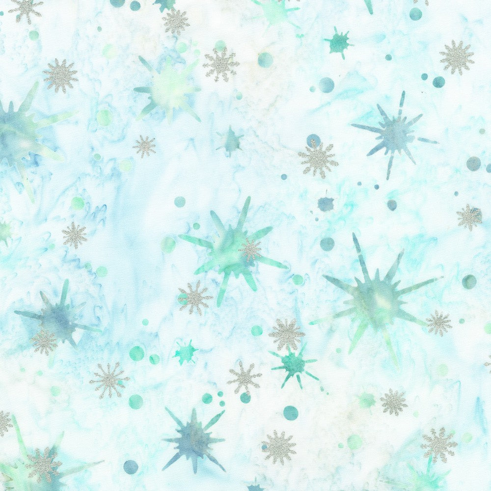 Artisan Batiks Evergreen Ice Sparkle Frosted Snowflakes Ice batik fabric featuring silver metallic snowflakes and icy blue starbursts on a soft white and pale blue hand-dyed batik background.