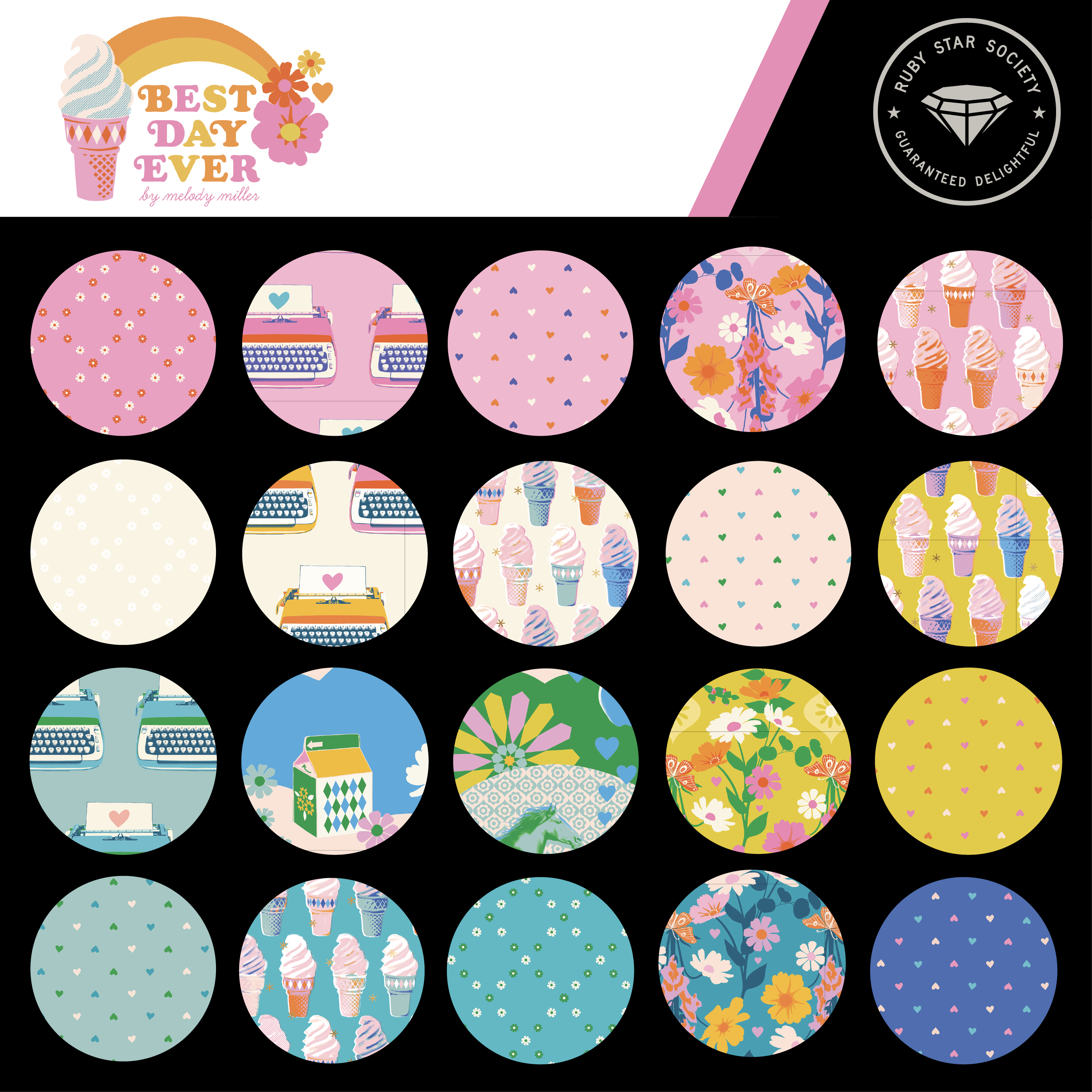Best Day Ever charm pack by Melody Miller featuring 42 colorful retro 5-inch quilting squares with ice cream and rainbow prints.