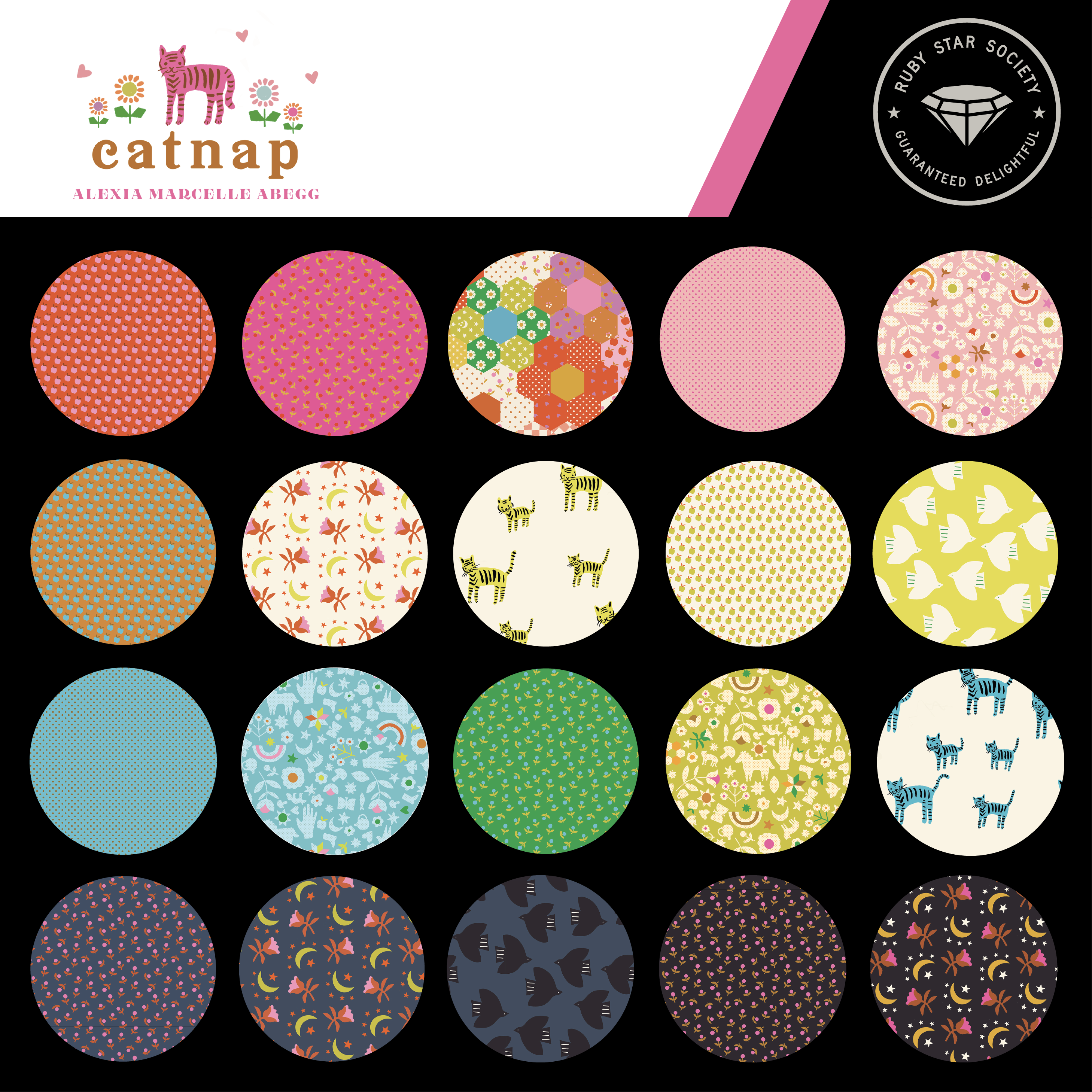 Catnap Mini Charm Pack by Alexia Abegg of Ruby Star Society for Moda Fabrics featuring 42 coordinated 2.5-inch cotton fabric squares with playful cats, florals, birds, stars, moons, cherries, and whimsical prints in vibrant colors.