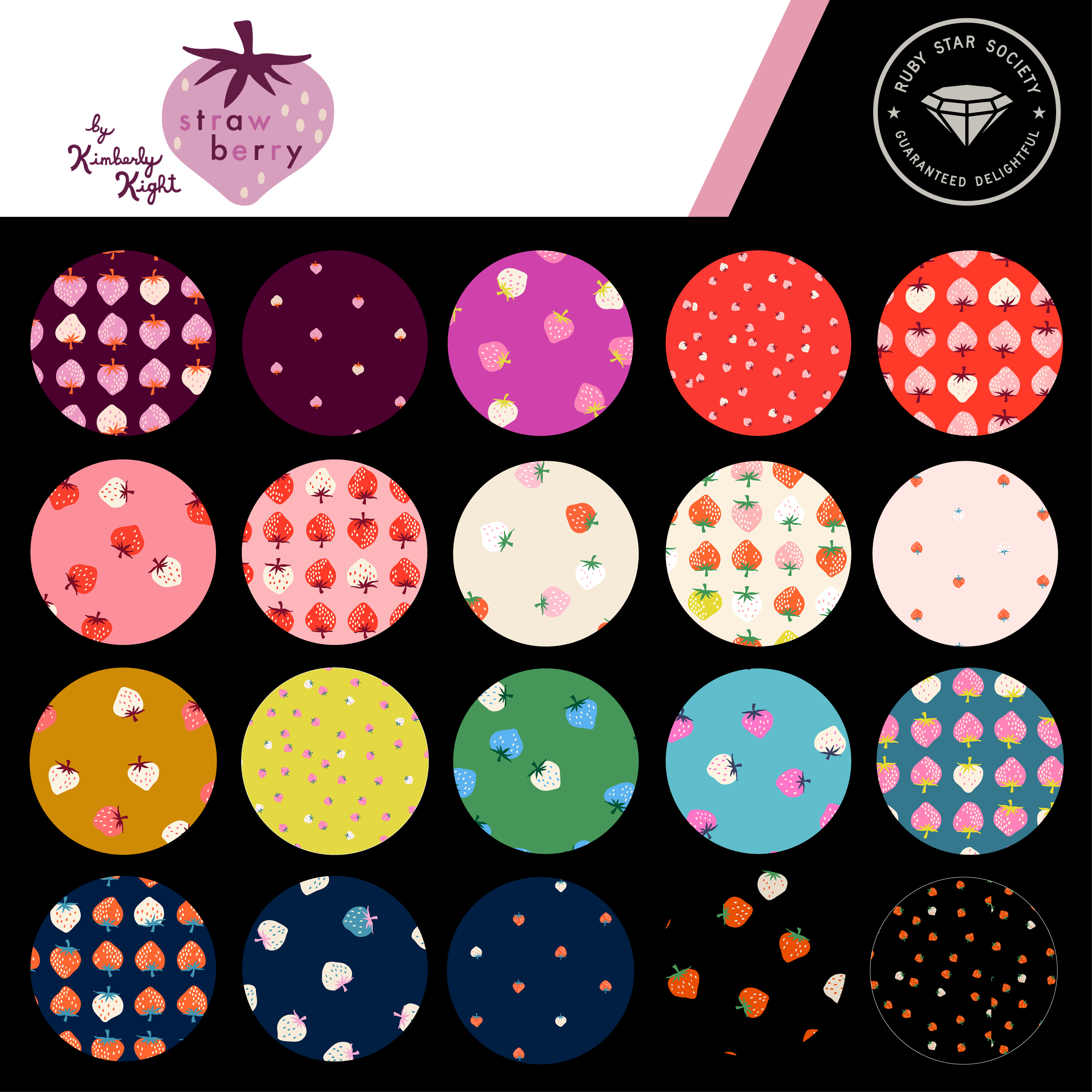Strawberry Jelly Roll by Kimberly Kight for Ruby Star Society Moda Fabrics featuring 40 assorted 2.5-inch cotton fabric strips tied with a Ruby Star Society ribbon.