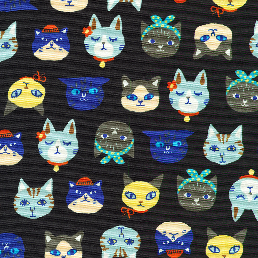Sevenberry Canvas Cats Black fabric by Robert Kaufman featuring colorful illustrated cat faces on a black cotton canvas, perfect for bags, home décor, quilting, and fun sewing projects.