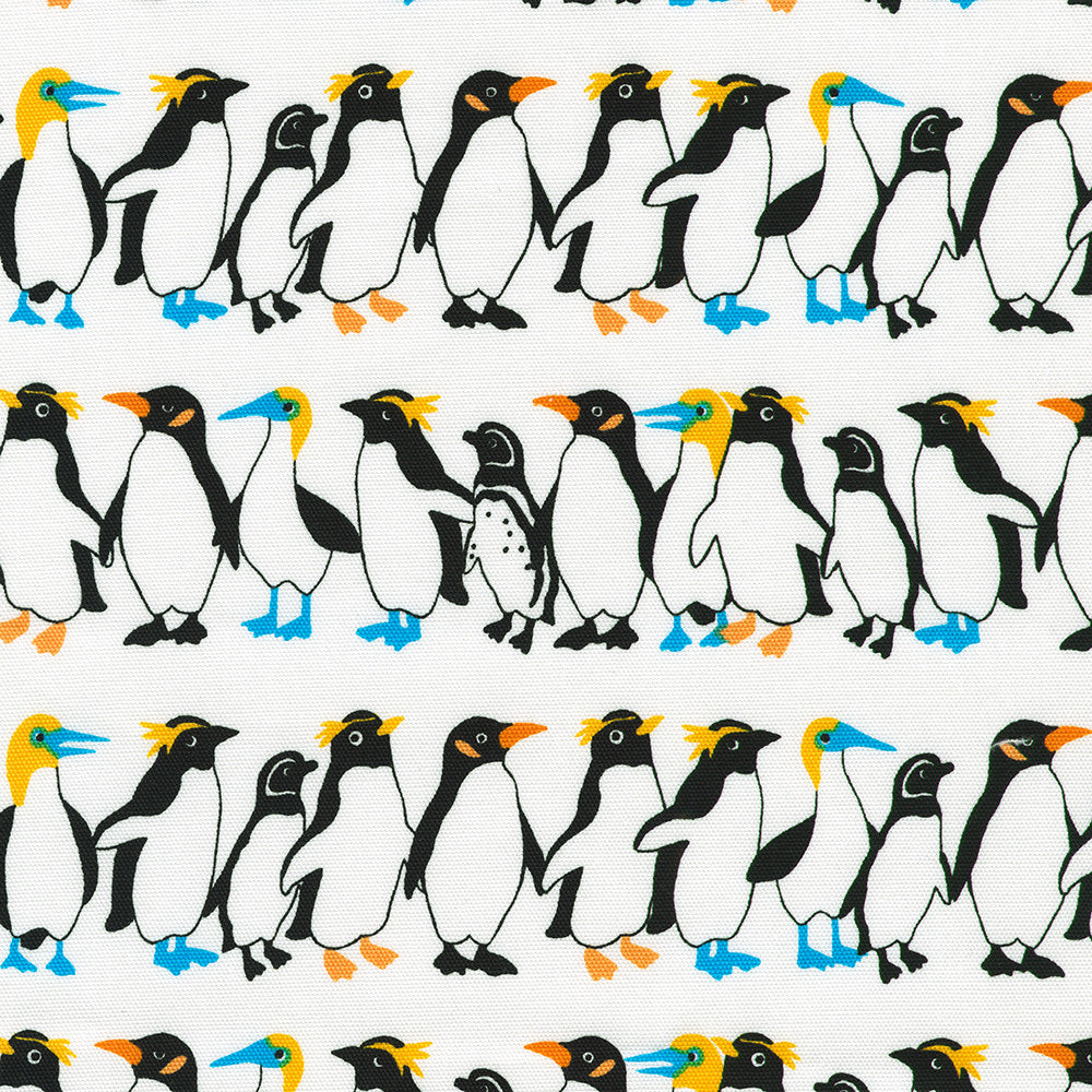 Sevenberry Canvas Penguins in Rows White fabric by Robert Kaufman featuring adorable illustrated penguins in neat rows on a white cotton canvas, perfect for bags, quilting, nursery décor, and fun sewing projects.