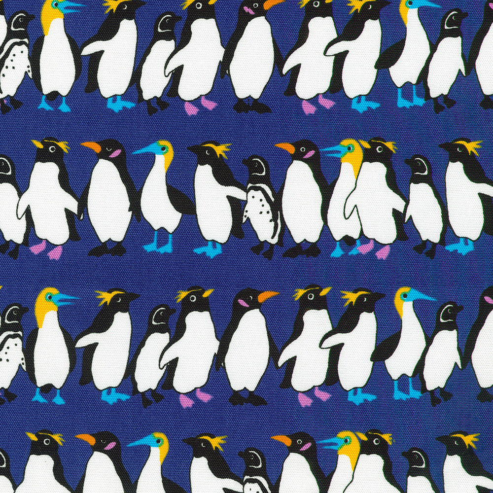 Sevenberry Canvas Penguins in Rows Navy fabric by Robert Kaufman featuring colorful illustrated penguins arranged in rows on a rich navy blue cotton canvas, perfect for bags, quilts, home décor, and children's sewing projects.