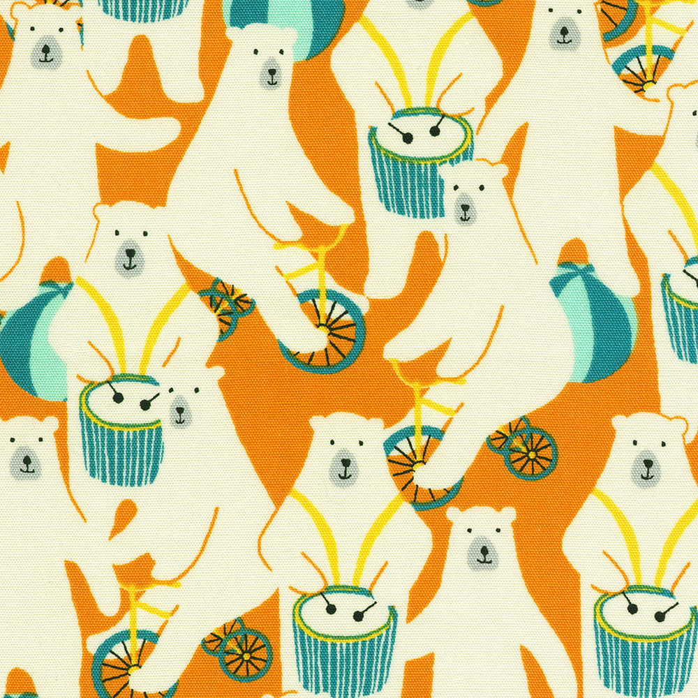Sevenberry Canvas Polar Bears Orange fabric by Robert Kaufman featuring whimsical white polar bears riding bicycles and playing drums on a vibrant orange background, perfect for bags, quilts, nursery décor, and home sewing projects.