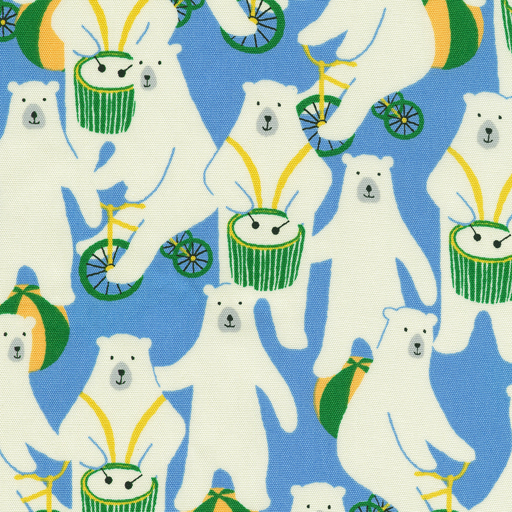 Sevenberry Canvas Polar Bears Blue fabric by Robert Kaufman featuring playful white polar bears riding bicycles, playing drums, and balancing beach balls on a bright blue cotton canvas, perfect for bags, quilts, nursery décor, and home sewing projects.