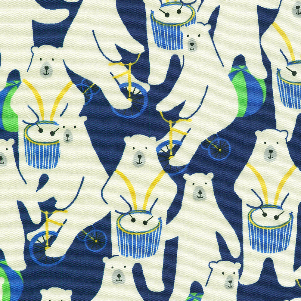 Sevenberry Canvas Polar Bears Navy fabric by Robert Kaufman featuring playful white polar bears riding bicycles, playing drums, and balancing beach balls on a deep navy cotton canvas, perfect for tote bags, quilts, nursery décor, and home sewing projects.