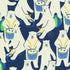 Sevenberry Canvas Polar Bears Navy fabric by Robert Kaufman featuring playful white polar bears riding bicycles, playing drums, and balancing beach balls on a deep navy cotton canvas, perfect for tote bags, quilts, nursery décor, and home sewing projects.