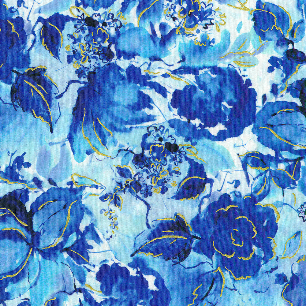 Blue watercolor floral quilting fabric with metallic gold accents from the Cobalt Bliss collection by Lauren Wan for Robert Kaufman Fabrics.