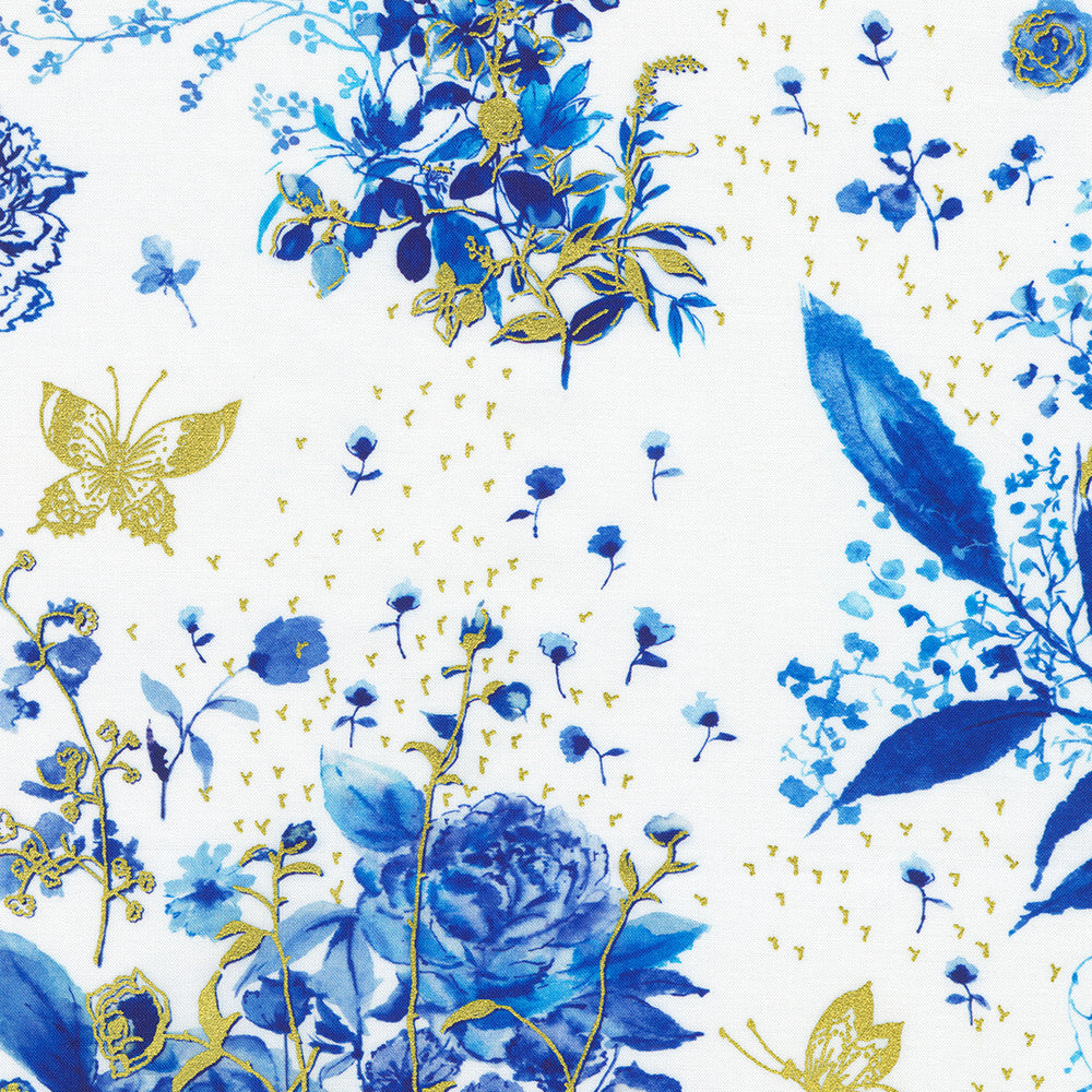White quilting fabric with blue watercolor wildflowers and metallic gold botanical accents from the Cobalt Bliss collection by Lauren Wan for Robert Kaufman Fabrics.