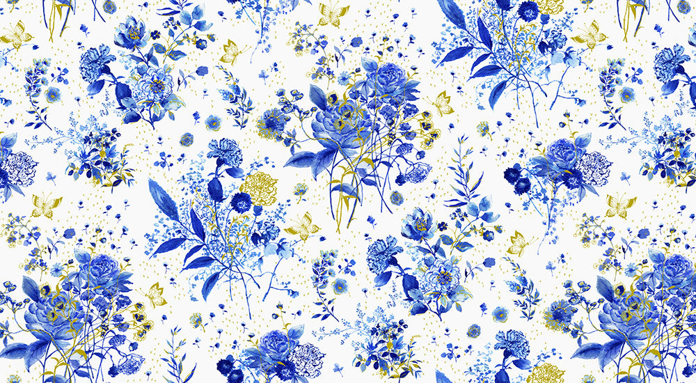 White quilting fabric with blue watercolor wildflowers and metallic gold botanical accents from the Cobalt Bliss collection by Lauren Wan for Robert Kaufman Fabrics.