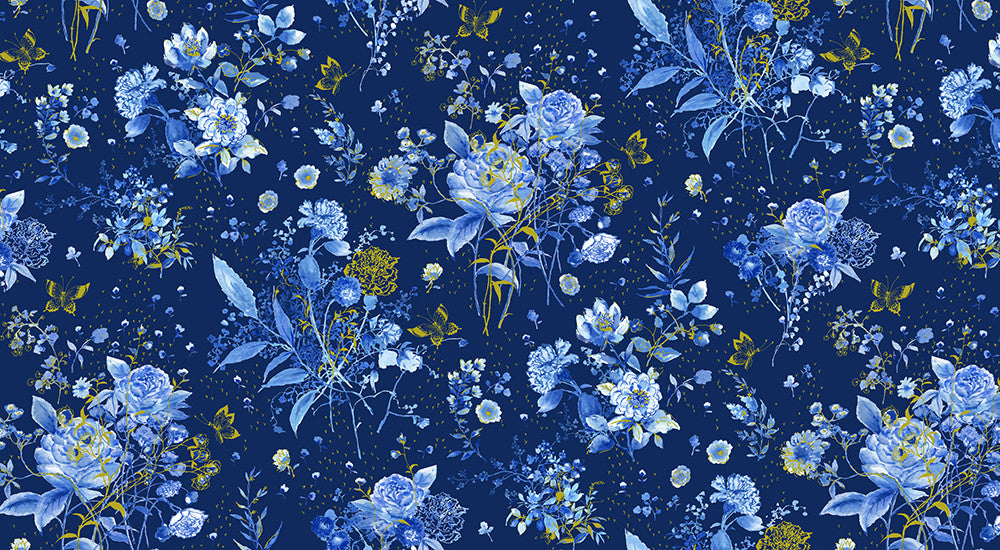 Navy quilting fabric with blue watercolor wildflowers and metallic gold botanical accents from the Cobalt Bliss collection by Lauren Wan for Robert Kaufman Fabrics.