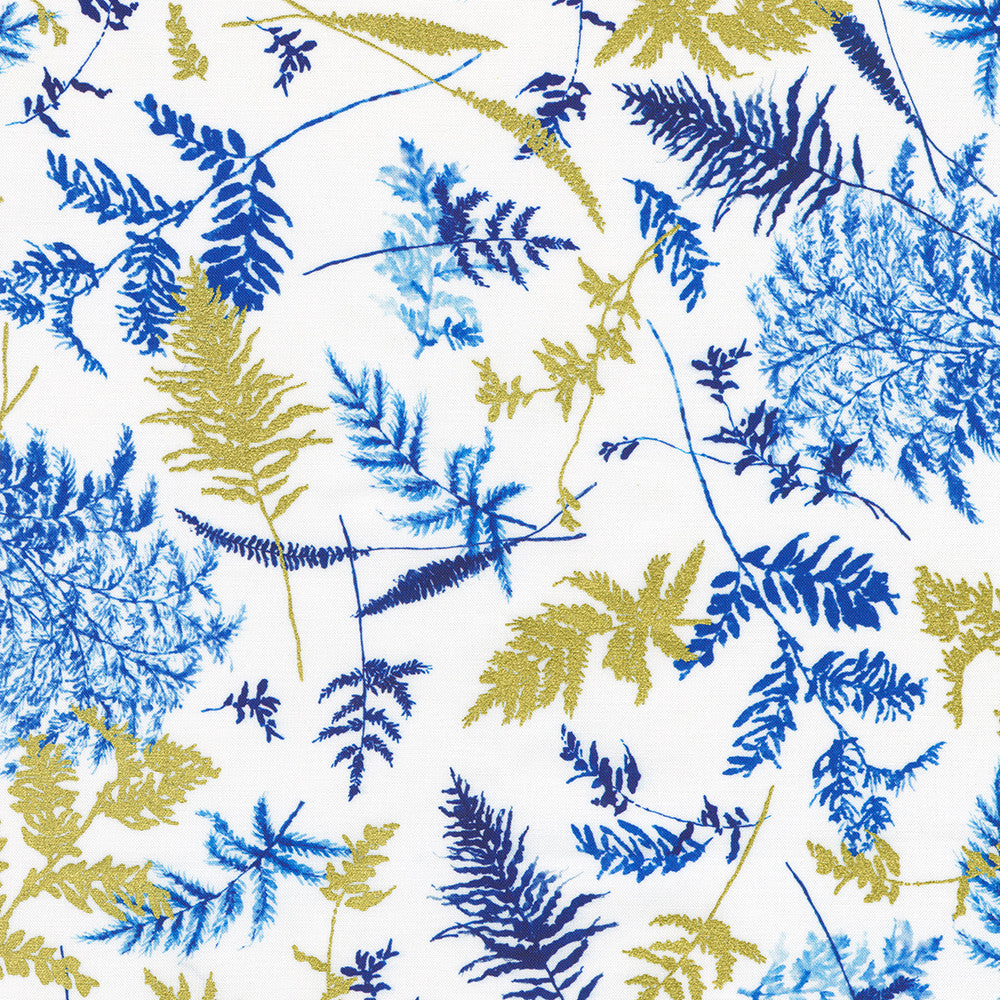 White quilting fabric with blue watercolor fern leaves and metallic gold botanical accents from the Cobalt Bliss collection by Lauren Wan for Robert Kaufman Fabrics.