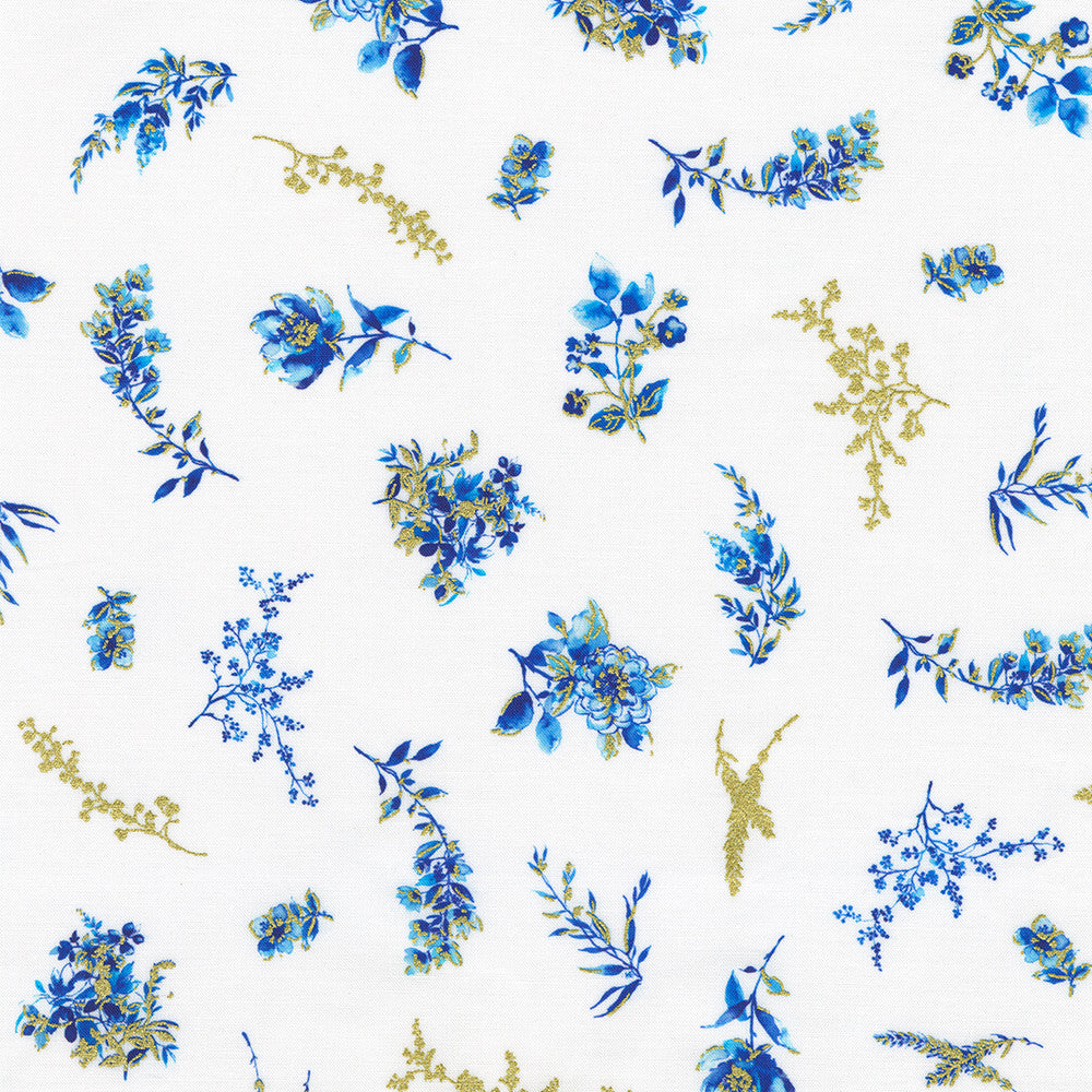 White quilting fabric with scattered blue watercolor floral sprigs and metallic gold accents from the Cobalt Bliss collection by Lauren Wan for Robert Kaufman Fabrics.