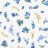 White quilting fabric with scattered blue watercolor floral sprigs and metallic gold accents from the Cobalt Bliss collection by Lauren Wan for Robert Kaufman Fabrics.