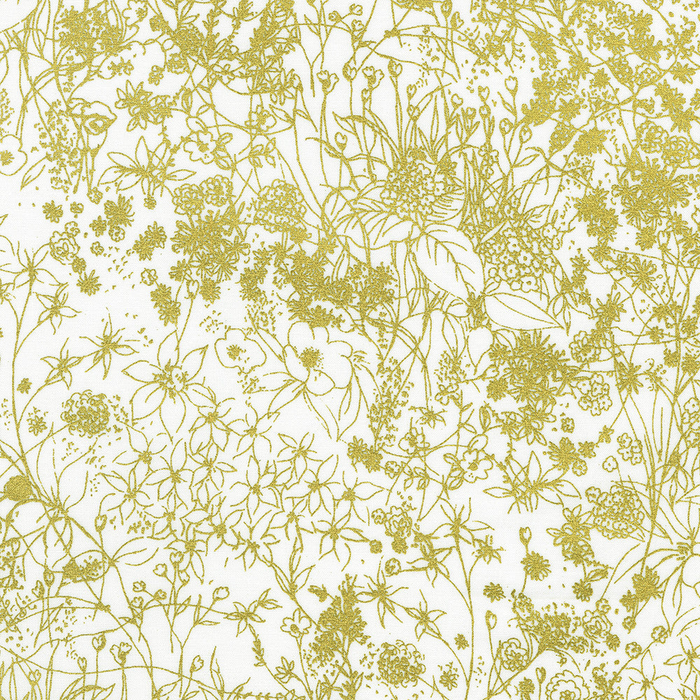 White quilting fabric featuring delicate metallic gold wildflower sketches from the Cobalt Bliss collection by Lauren Wan for Robert Kaufman Fabrics.