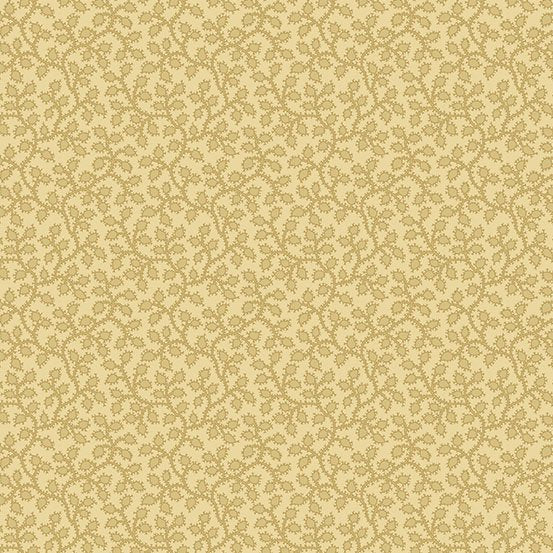 Warm wheat-colored cotton fabric featuring delicate floral vines and berry motifs from the Crystal Farm collection by Edyta Sitar for Andover Fabrics.