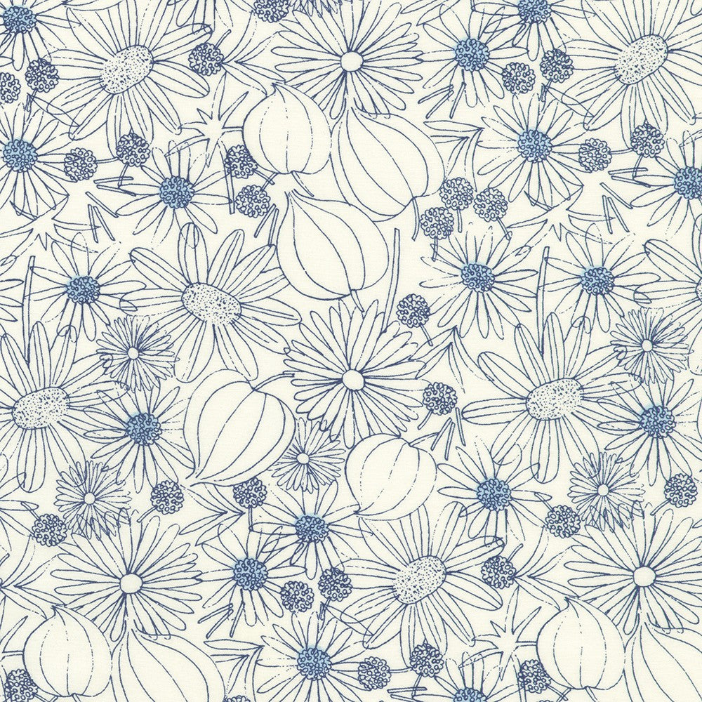 Crystal Lawn Daisy Outline Ivory premium Japanese cotton lawn fabric by Sevenberry for Robert Kaufman featuring delicate blue hand-drawn daisy outlines and botanical flowers on an ivory background.