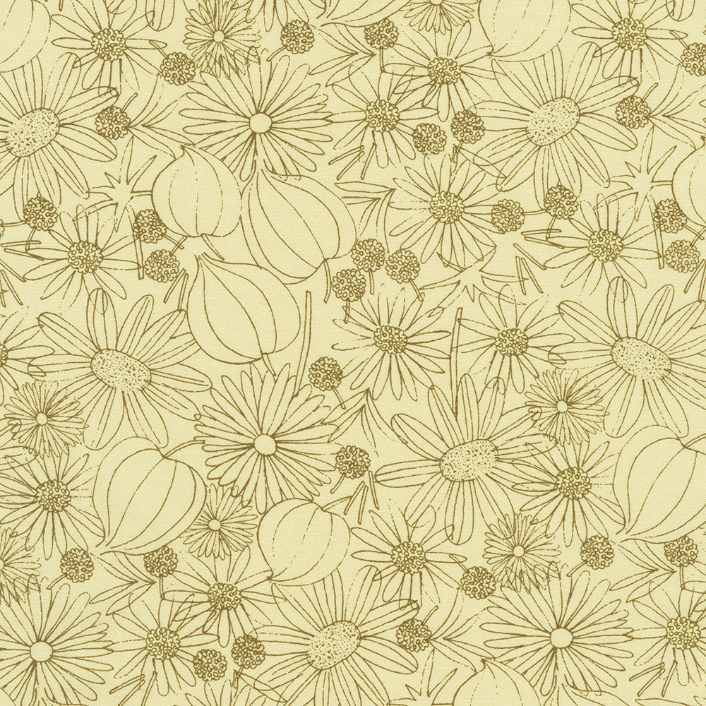 Crystal Lawn Daisy Outline Sand Japanese cotton lawn fabric by Sevenberry for Robert Kaufman featuring delicate floral line drawings on a warm sand background.