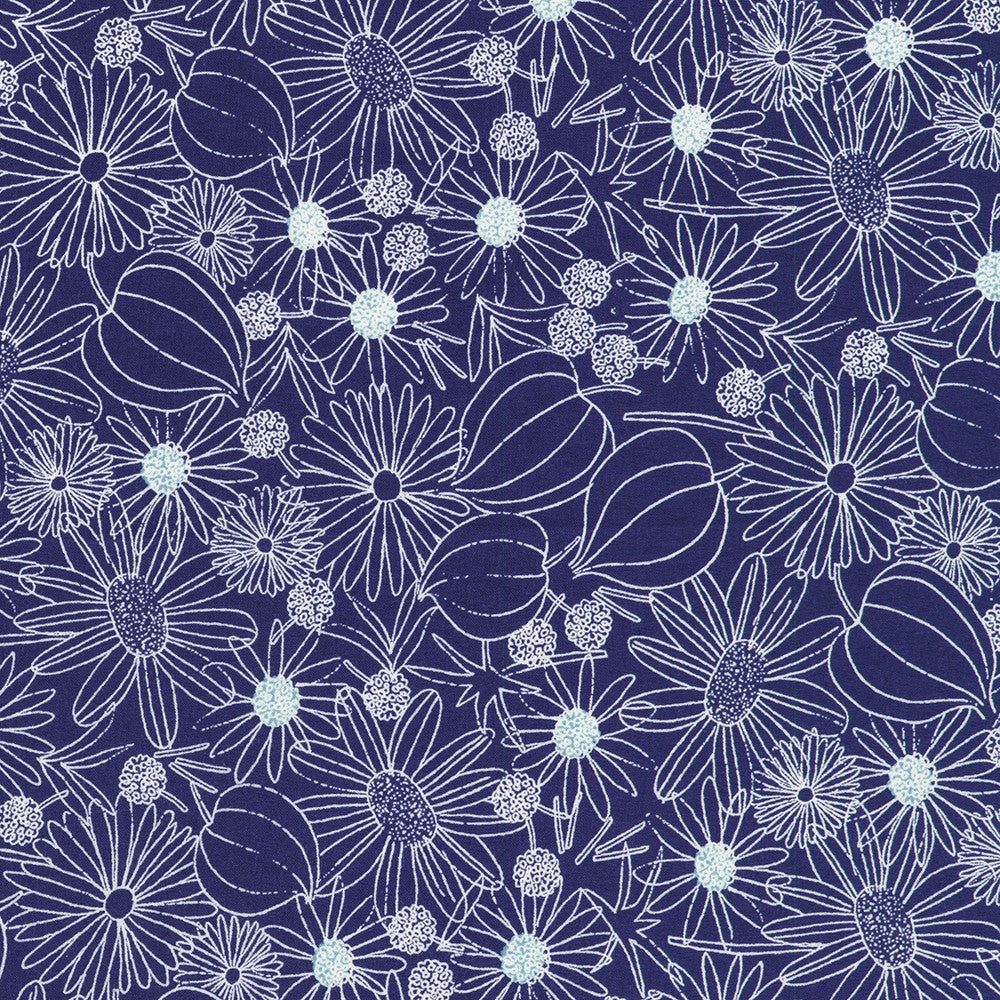 Crystal Lawn Daisy Outline Blue Japanese cotton lawn fabric by Sevenberry for Robert Kaufman featuring delicate white outlined daisies with pale blue centers on a rich blue background.