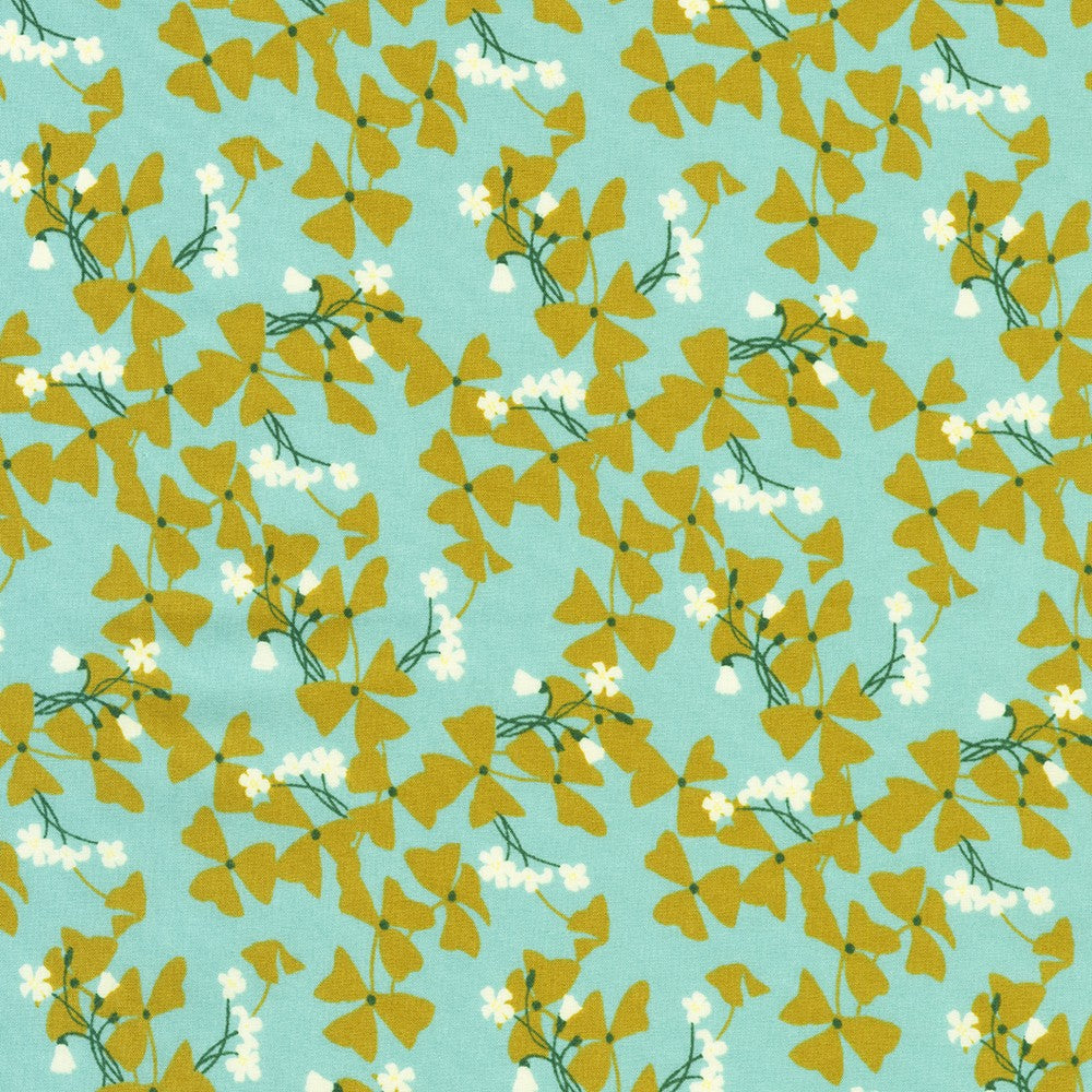 Crystal Lawn Vine Leaves Mint Japanese cotton lawn fabric by Sevenberry for Robert Kaufman featuring golden-green vine leaves with delicate white blossoms on a fresh mint background.