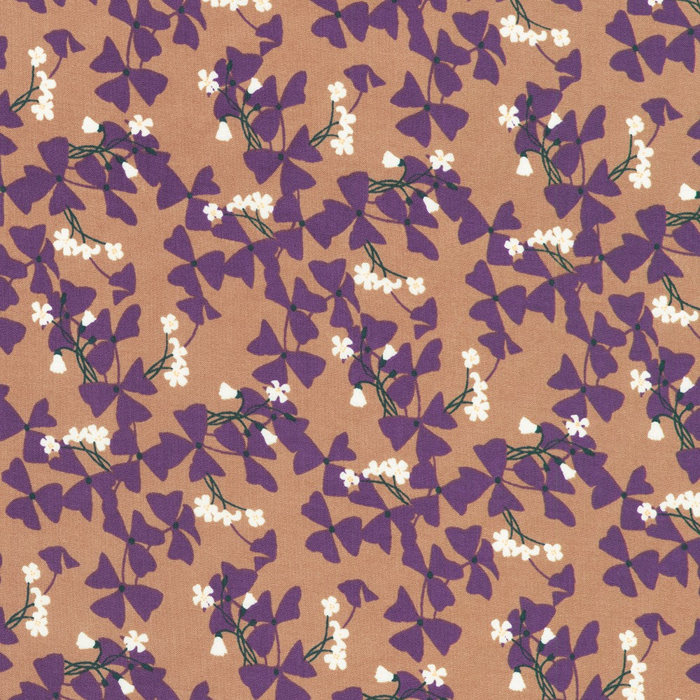 Crystal Lawn Vine Leaves Dusty Rose Japanese cotton lawn fabric by Sevenberry for Robert Kaufman featuring plum-purple vine leaves with delicate white blossoms on a dusty rose background.