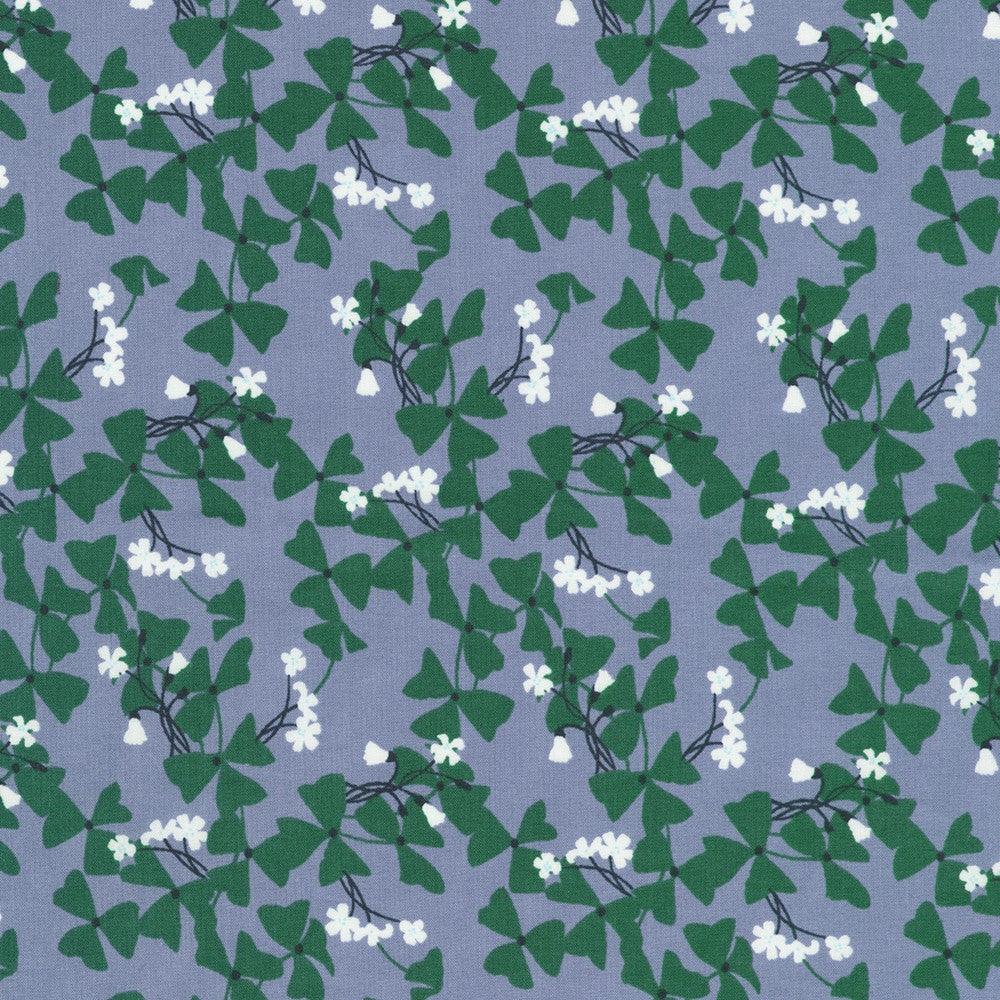 Crystal Lawn Vine Leaves Periwinkle Japanese cotton lawn fabric by Sevenberry for Robert Kaufman featuring emerald green vine leaves with delicate white blossoms on a soft periwinkle background.
