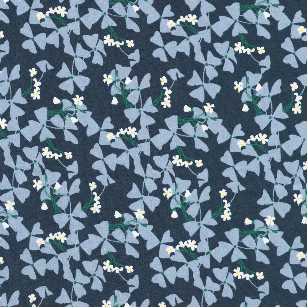 Crystal Lawn Vine Leaves Navy Japanese cotton lawn fabric by Sevenberry for Robert Kaufman featuring soft blue vine leaves with delicate white blossoms on a rich navy background.