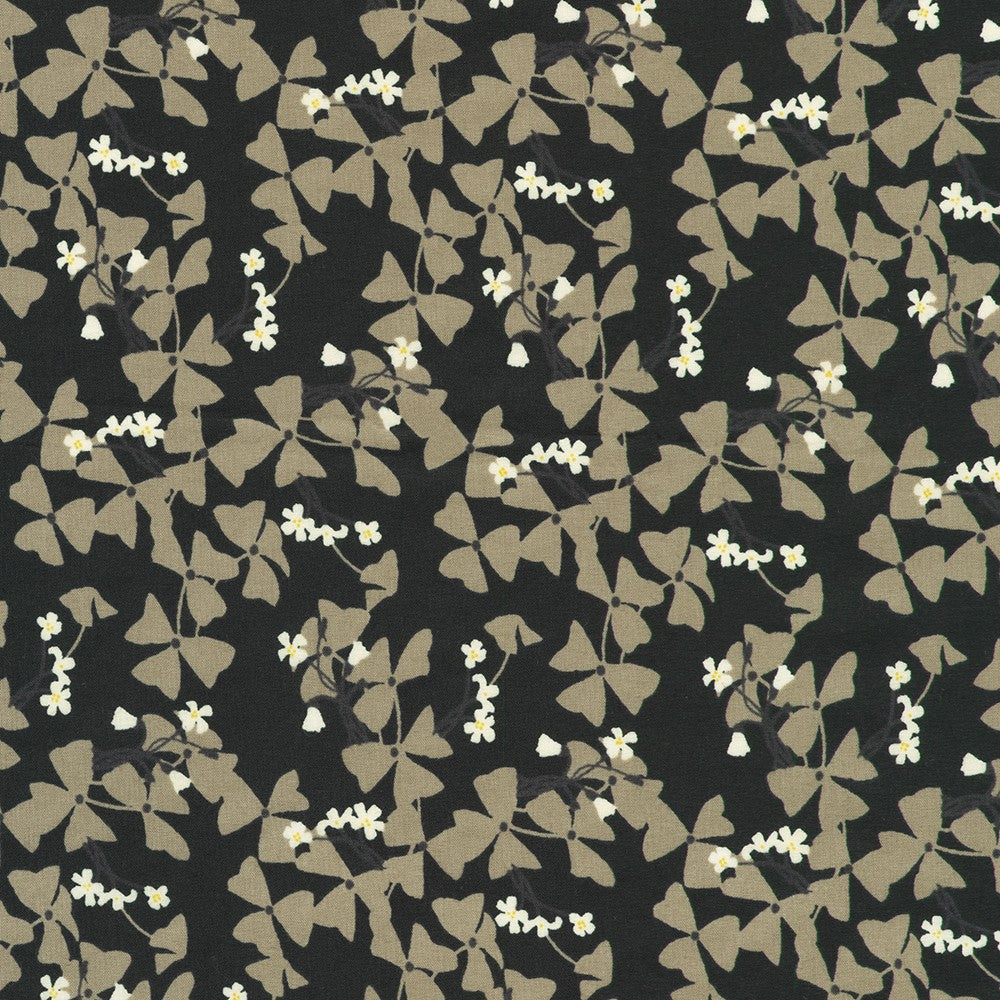 Crystal Lawn Vine Leaves Black Japanese cotton lawn fabric by Sevenberry for Robert Kaufman featuring taupe vine leaves with delicate white blossoms on a rich black background.