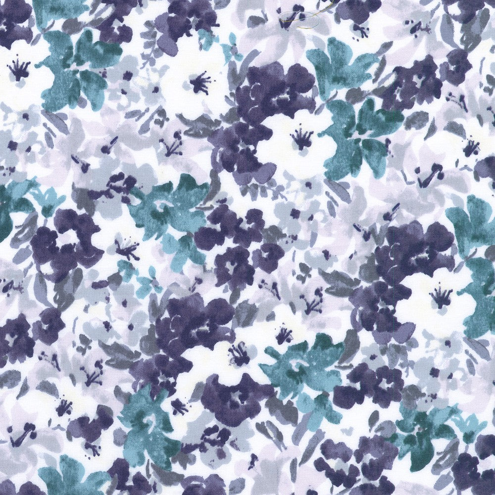 Crystal Lawn Watercolor Flowers Navy Japanese cotton lawn fabric by Sevenberry for Robert Kaufman featuring soft watercolor florals in navy, teal, gray, and white.
