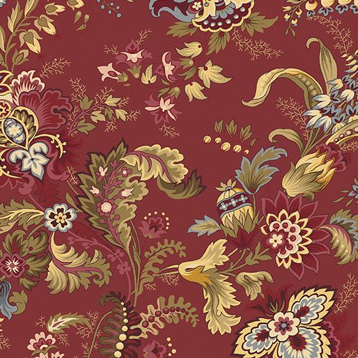 Marseille Red floral cotton fabric by Dover Hill for Benartex featuring ornate botanical flowers and foliage in burgundy, gold, cream, olive green, and blue on a rich red background.