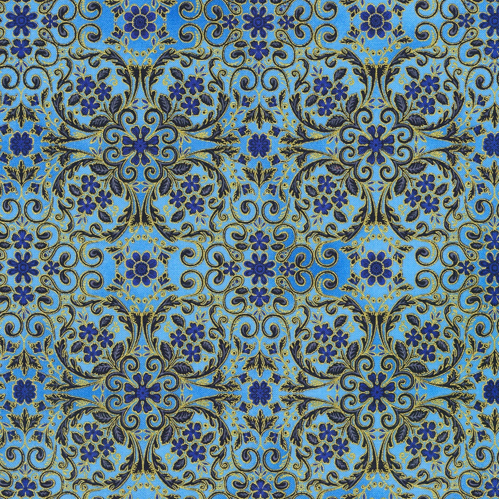 Decadent Garden - Florals Swirls Blue Metallic Yardage