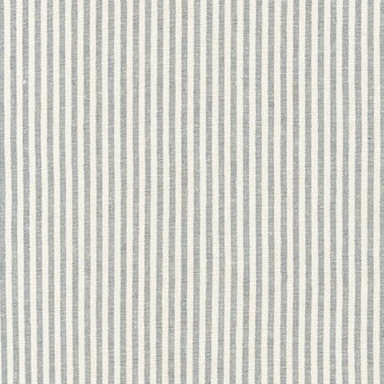 Essex Yarn Dyed Classic Wovens Steel fabric by Robert Kaufman featuring classic steel gray and natural ticking stripes on a premium 55% linen and 45% cotton yarn-dyed woven, perfect for quilting, apparel, bags, and home décor.