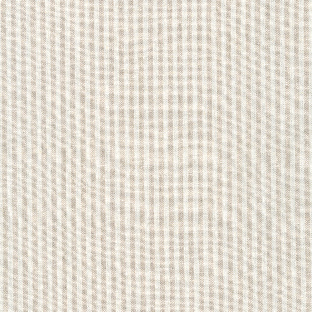 Essex Yarn Dyed Classic Wovens Flax fabric by Robert Kaufman featuring soft flax and natural ticking stripes on a premium 55% linen and 45% cotton yarn-dyed woven, ideal for quilting, apparel, bags, and farmhouse home décor.