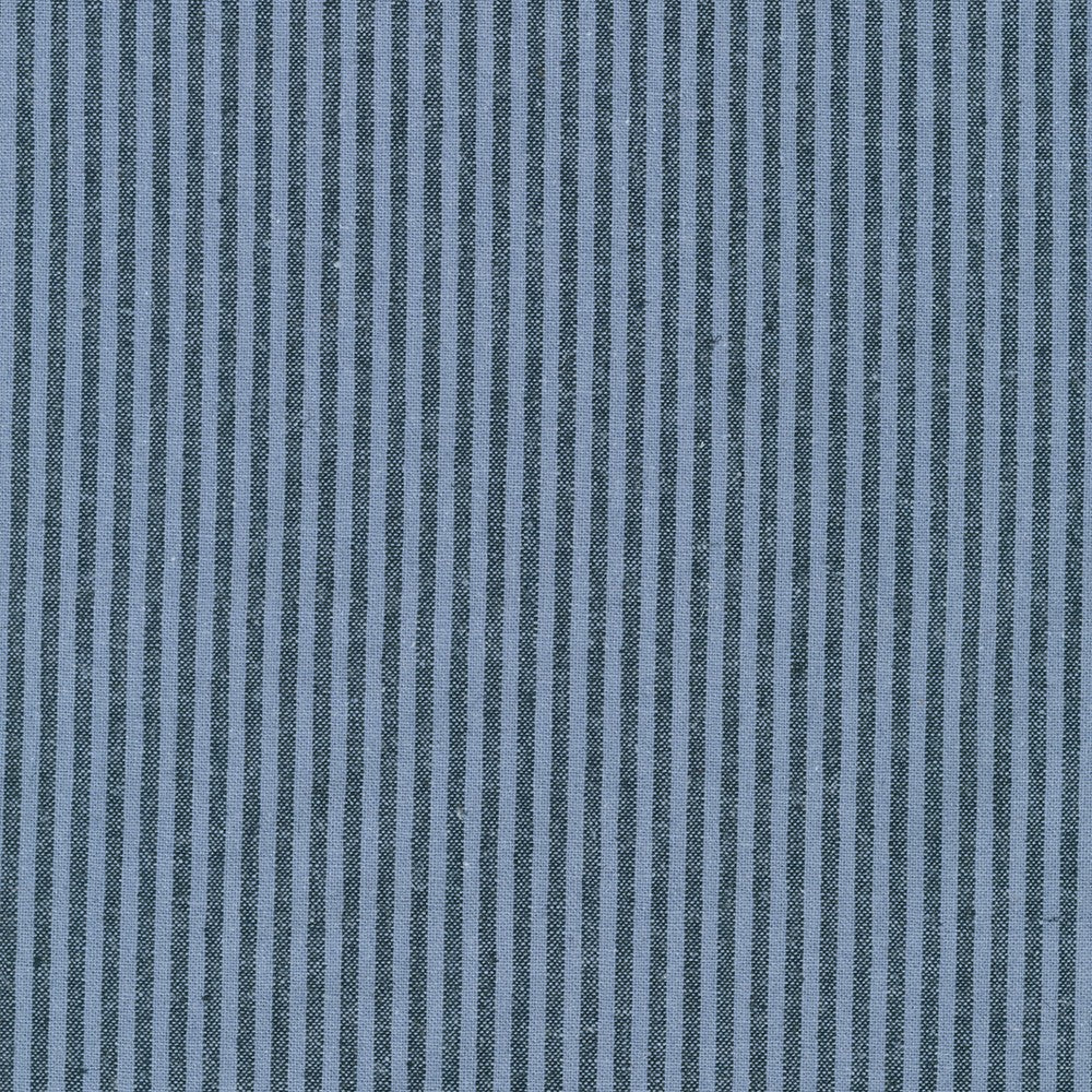 Essex Yarn Dyed Classic Wovens Small Stripe Denim fabric by Robert Kaufman featuring narrow denim blue yarn-dyed stripes on a premium 55% linen 45% cotton blend, ideal for apparel, quilting, bags and home décor.