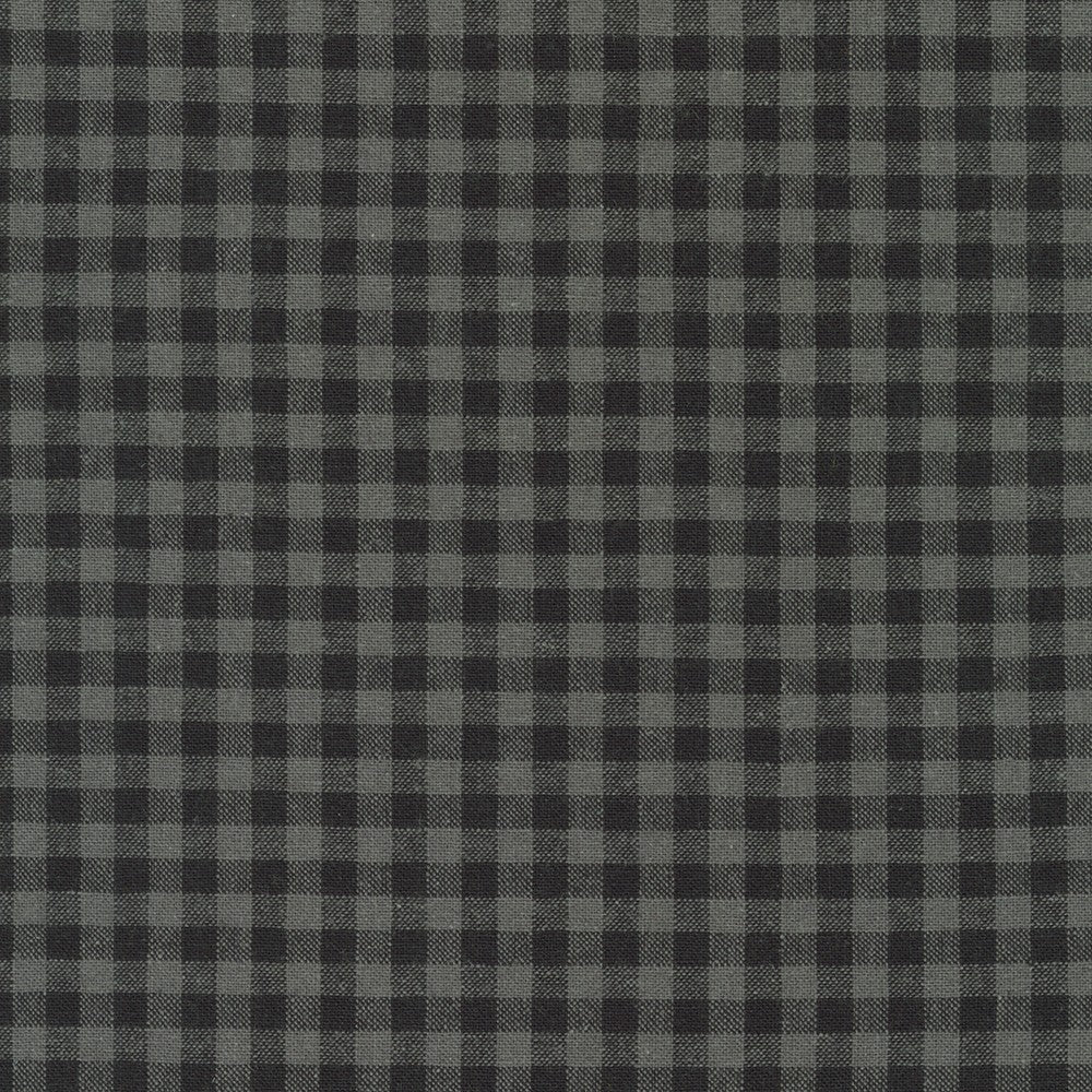 Essex Yarn Dyed Classic Wovens Licorice fabric by Robert Kaufman featuring a classic black and charcoal plaid on a premium 55% linen and 45% cotton yarn-dyed woven, ideal for quilting, apparel, bags, and home décor.