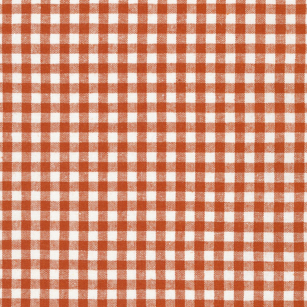 Essex Yarn Dyed Classic Wovens Strawberry Gingham linen cotton fabric by Robert Kaufman featuring a classic strawberry red and natural check pattern, ideal for quilts, apparel, bags and home décor.