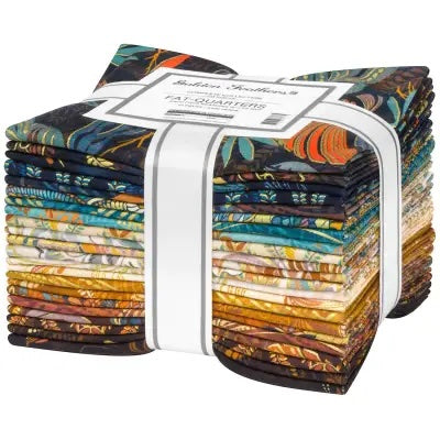 Golden Feathers Complete Collection Fat Quarter Bundle by Studio RK for Robert Kaufman featuring 22 metallic quilting cotton fat quarters with coordinating bird, feather, foliage, and paisley prints in navy, teal, parchment, saffron, cayenne, and peacock colorways.