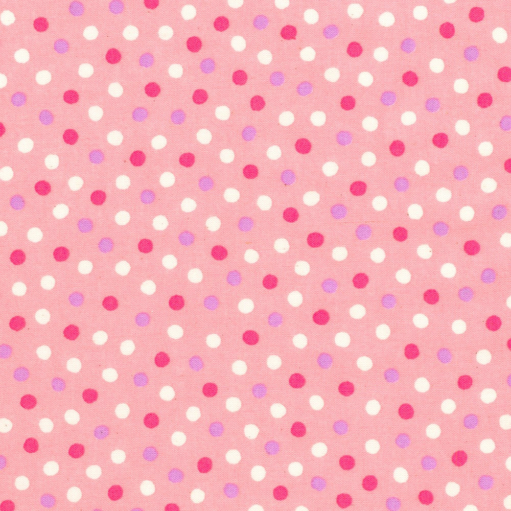 Gelato Polka Dots Pink Japanese quilting cotton fabric by Sevenberry for Robert Kaufman featuring white, pink, and lavender polka dots on a soft pink background.