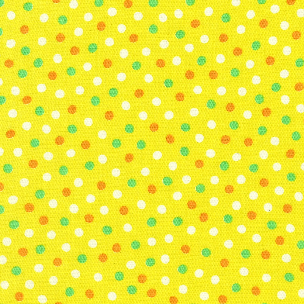 Gelato Polka Dots Lemon Japanese quilting cotton fabric by Sevenberry for Robert Kaufman featuring white, orange, and mint green polka dots on a bright lemon yellow background.